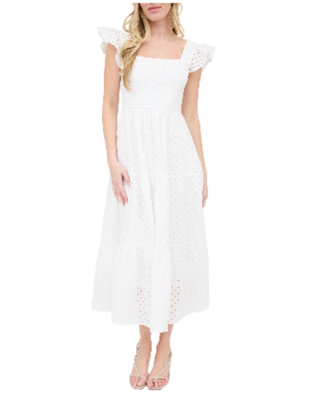 August Sky White Flutter Sleeve Eyelet Smocked Dress S